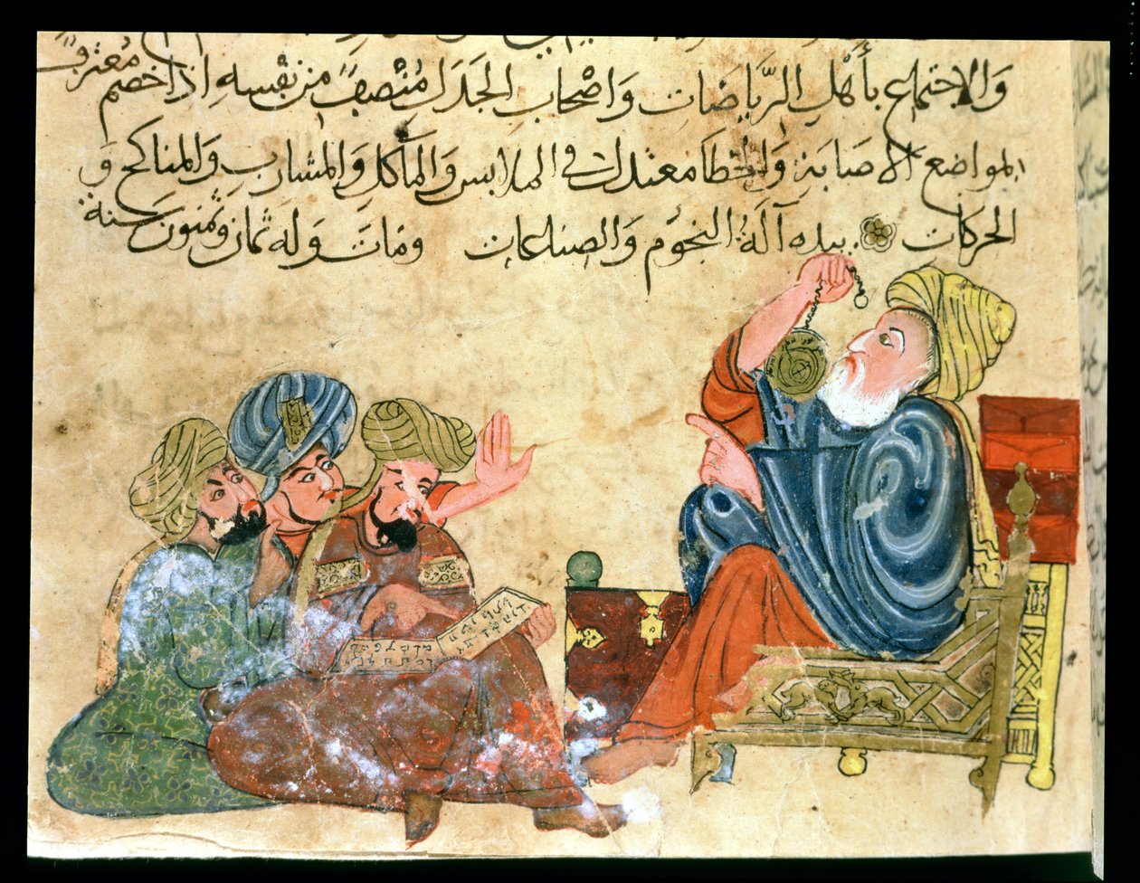 MS Ahmed III 3206 Arisztotelész tanítása, Al-Mubashir „Kitab Mukhtar al-Hikam wa-Mahasin al-Kilam” illusztrációja (toll, tinta és gouache papíron) alkotó: Turkish School