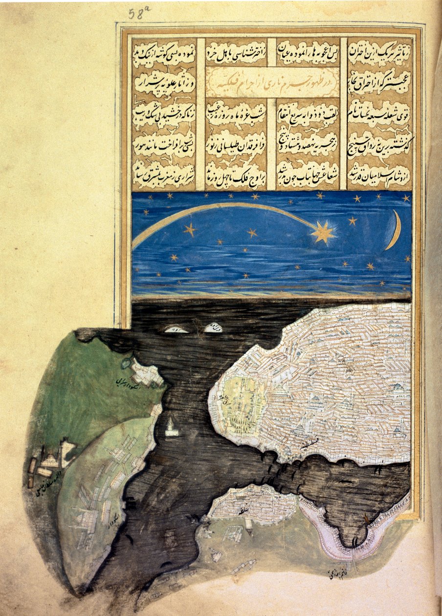 MS FY 1404 f.58a, A nagy üstökös az Aranyszarv felett Konstantinápolyban, III. Murád Sehinsahnevéből, 1581 körül alkotó: Turkish School