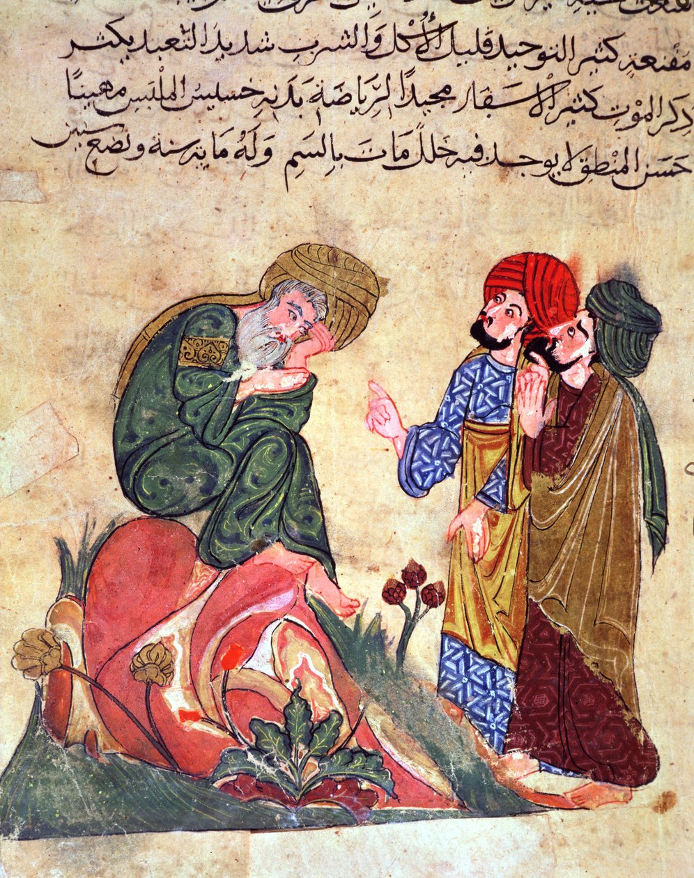 Szókratész (Kr. e. 470-399) és tanítványai, illusztráció Al-Mubashir „Kitab Mukhtar al-Hikam wa-Mahasin al-Kilam” című művéből (toll, tinta és gouache papíron) alkotó: Turkish School
