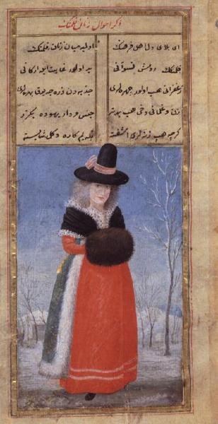 Egy holland nő téli kosztümben, Fazil Husayn Andaruni, Or 7094 f.44, 18. század vége alkotó: Turkish School