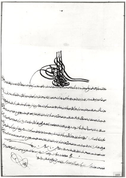 Biztonságos átutazást engedélyező dokumentum, amelyet III. Szelim szultán (1761-1808) adott Rene de Chateaubriand-nak (1768-1848) 1806. szeptember 14-23. (toll és tinta, papír) alkotó: Turkish School