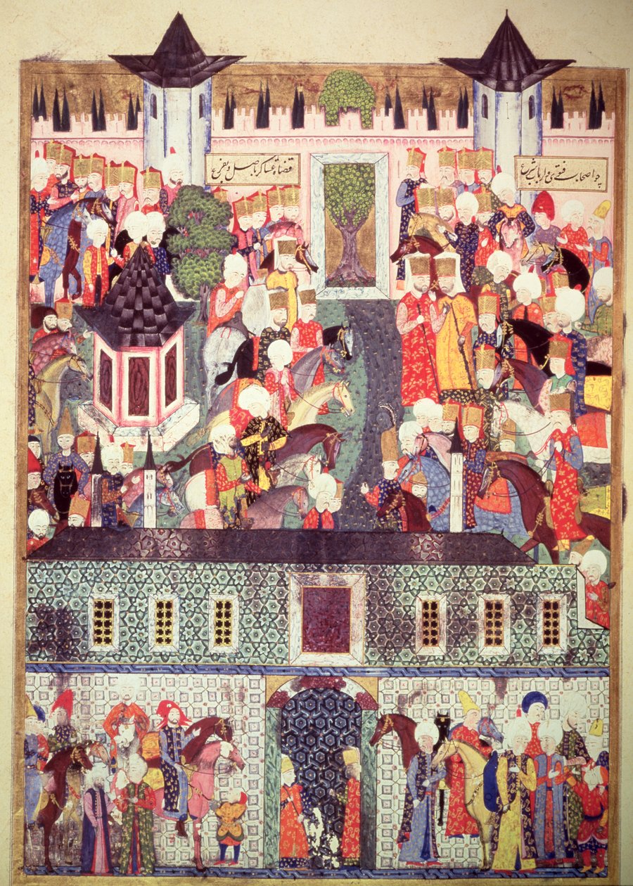 H 1517 f.17v Csodálatos Szulejmán (1494-1566) trónra emelése Arifi „Szulejmannevéből”, 1558 alkotó: Turkish School