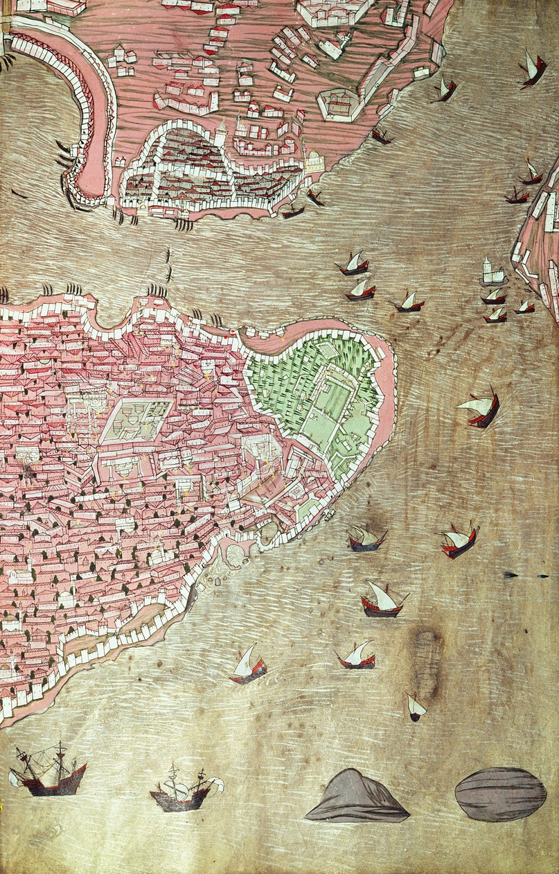 H 1523 fol.159v Kilátás a Topkapi palotára és a Boszporusz-szorosra, Isztambul, Lokman Hunername-jéből, 1558 (toll, tinta és gouache papíron) (lásd még: 229557) alkotó: Turkish School