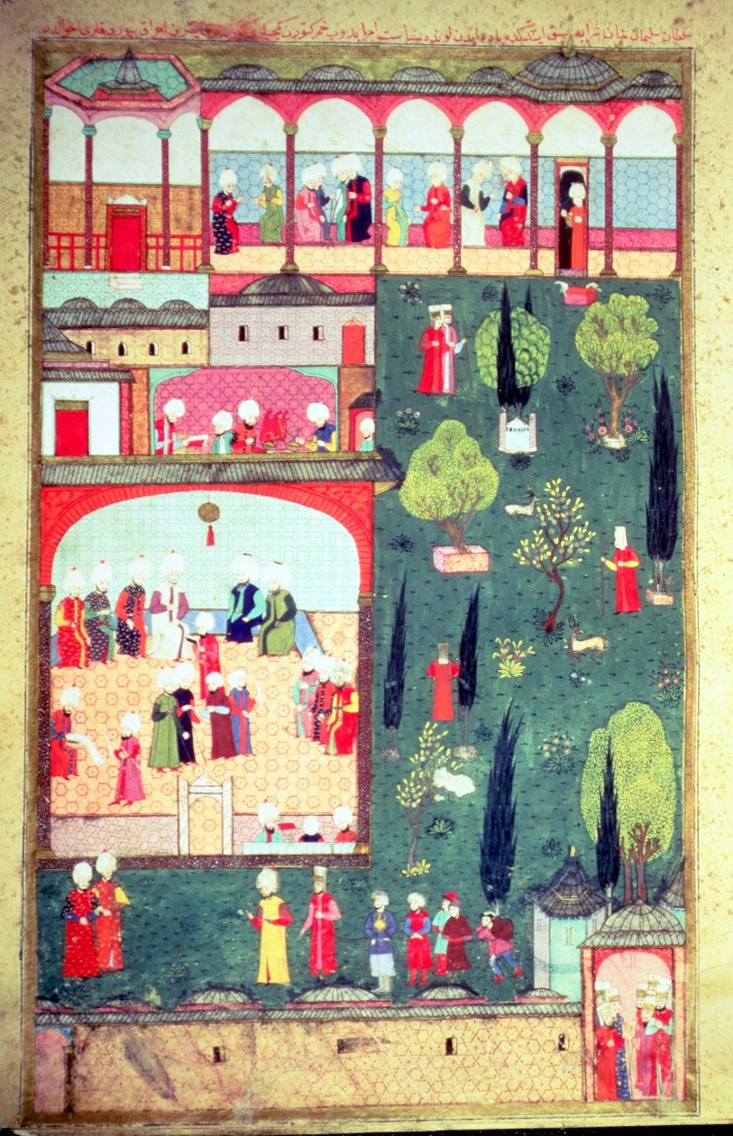 H 1524 f.242r Minisztertanács a Topkapi Palotában, Lokman „Hunername”-ből, 1588 alkotó: Turkish School
