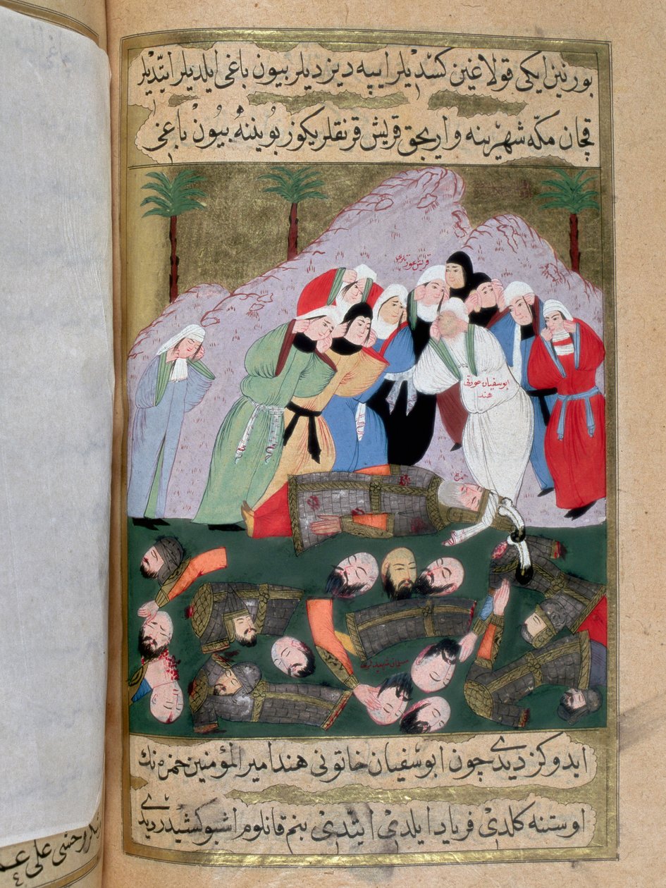 Hind, Abu Sufyan ibn Harb felesége, Mohamed ellensége és más qraichita nők arra készülnek, hogy megcsonkítsák az uhud (Ohod) csatában elesett muszlimok holttestét, és felfalják Hanza, Mohamed próféta (Muhammet, Mohammed) nagybátyja máját. vagy Mohamed) (57 alkotó: Turkish School