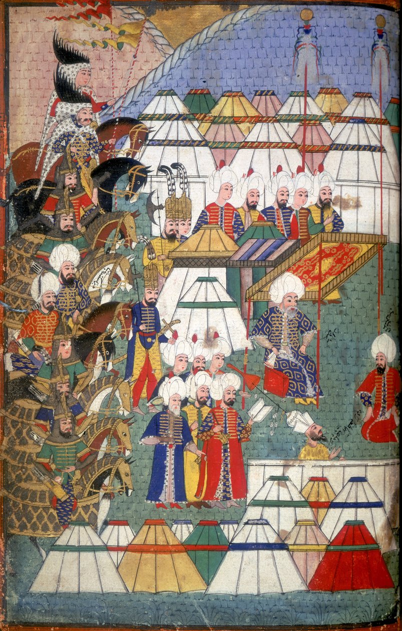 Lala Musztafa pasa a táborban a karsi győzelme után, illusztráció a „Nusretname”-ből, Gelibolulu Mustafa Ali 1578-as Grúzia török hódításáról szóló beszámolója alkotó: Turkish School