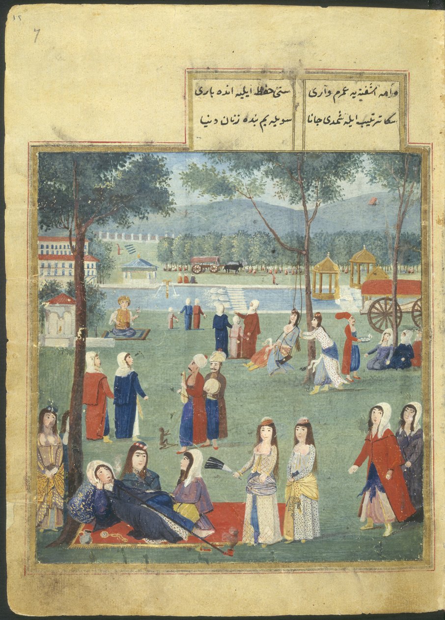 Vagy. 7094 f.7, The Gardens of the Kagithane (Európa édes vizei), Nők a parkban (akvarell papíron) alkotó: Turkish School