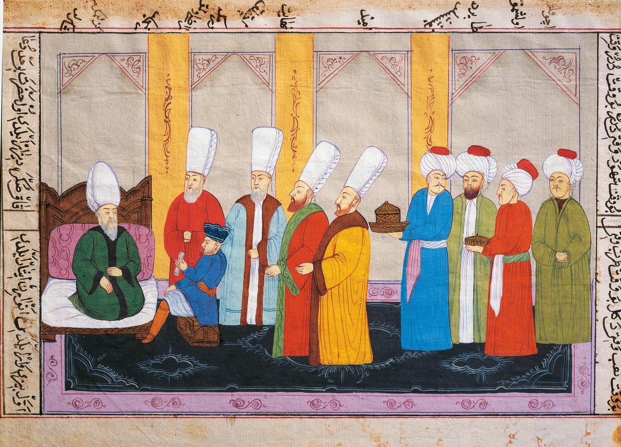 Oszmán miniatűr, amely egy európai nagykövetet ábrázol a Topkapi palota udvarában, kézirat, Törökország alkotó: Turkish School