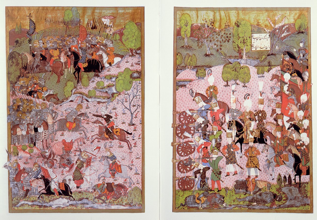 Mohácsi csata, török és magyar között, 1526, az isztambuli Topkapi Múzeumban őrzött miniatűr fakszimile alkotó: Turkish School