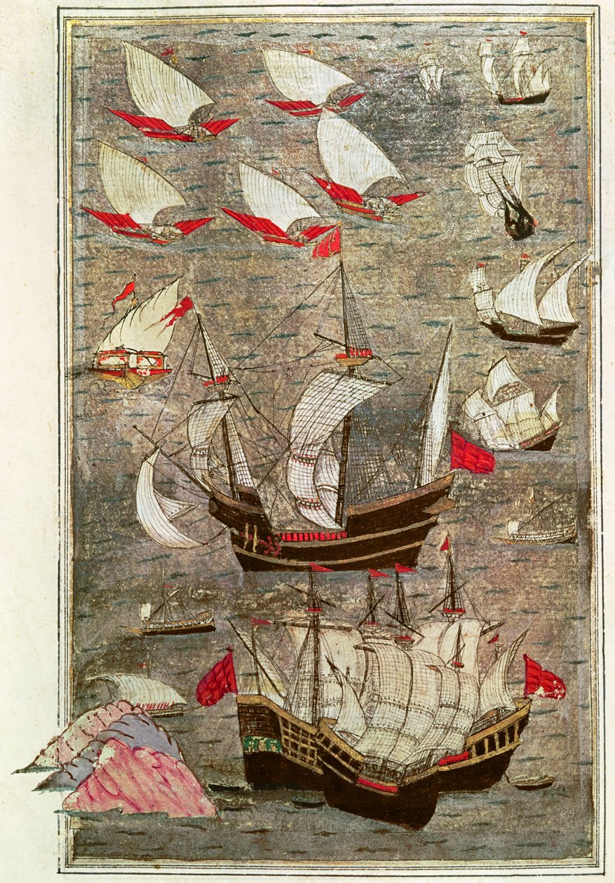 Tarik-y Bayezid oszmán flottája (tinta és aranylevél pergamen) alkotó: Turkish School