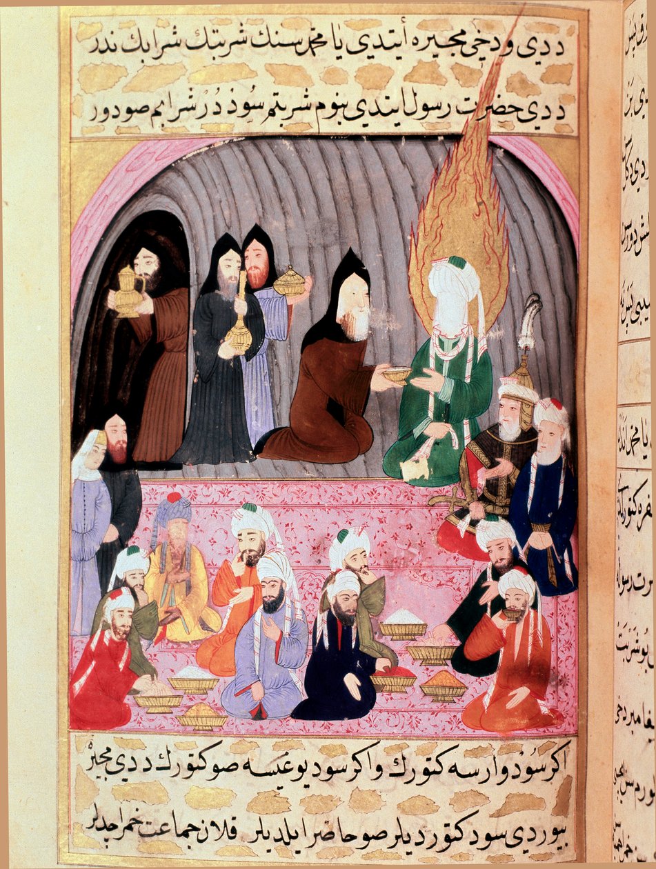Mohamed prófétát (Muhammad vagy Mohamed) (570-632) (takart arccal) Szíriába utazva keresztény szerzetesek fogadják, akik egy 18. századi török miniatűr ételt szolgálnak fel neki. Topkapi Múzeum, Isztambul, Törökország alkotó: Turkish School