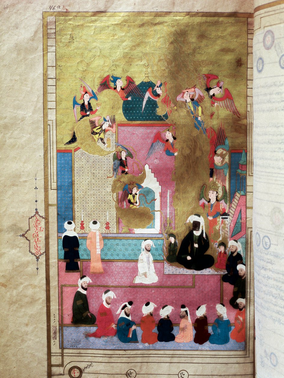 Mohamed próféta (Mohamed vagy Mohamed) (570-632) (arcát eltakarva) a Mirac alatt, III. Murád hetedik égboltjára való felemelkedése (1). alkotó: Turkish School
