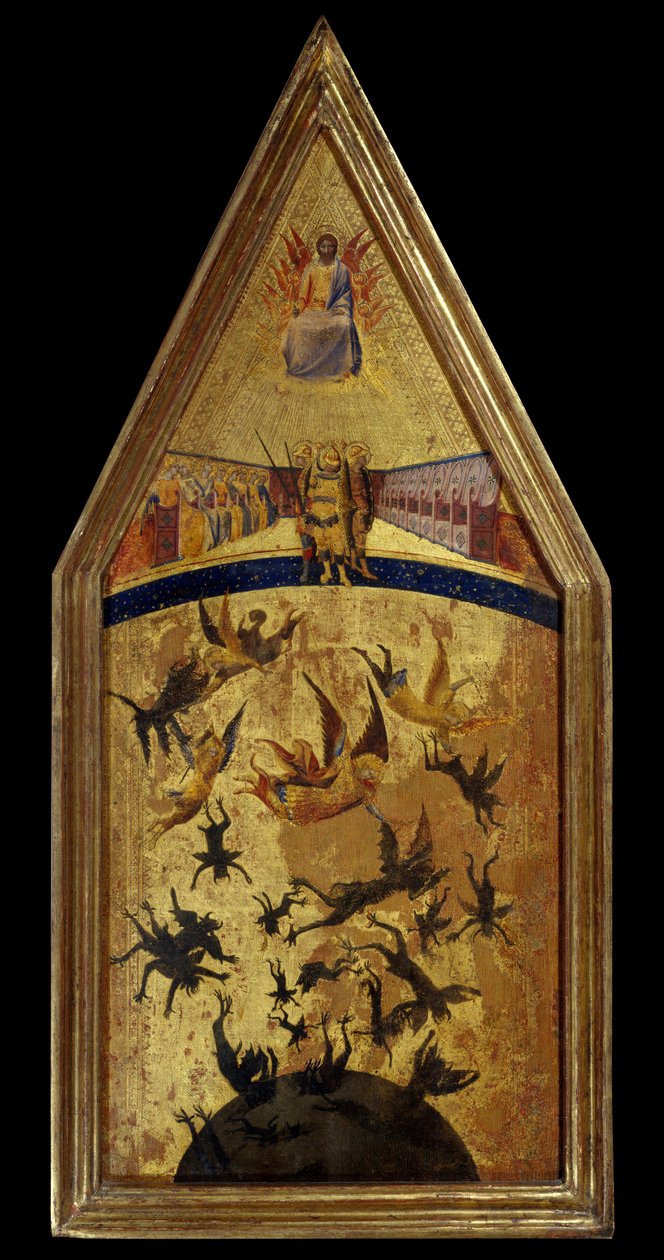 A lázadó angyalok bukása. A Lázadó Angyalok Mesterének festménye a sienai iskola, a 14. század első fele. Párizs, Louvre Múzeum. alkotó: Tuscan School
