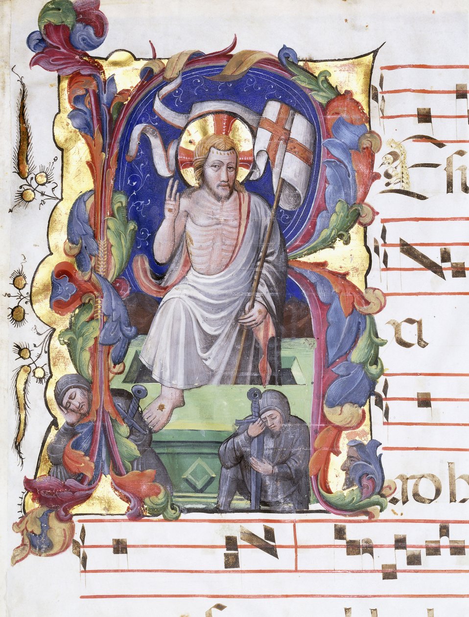 Nagyon nagy történeti "A" betű, amely a feltámadást mutatja, 1400-1450 körül alkotó: Tuscan School
