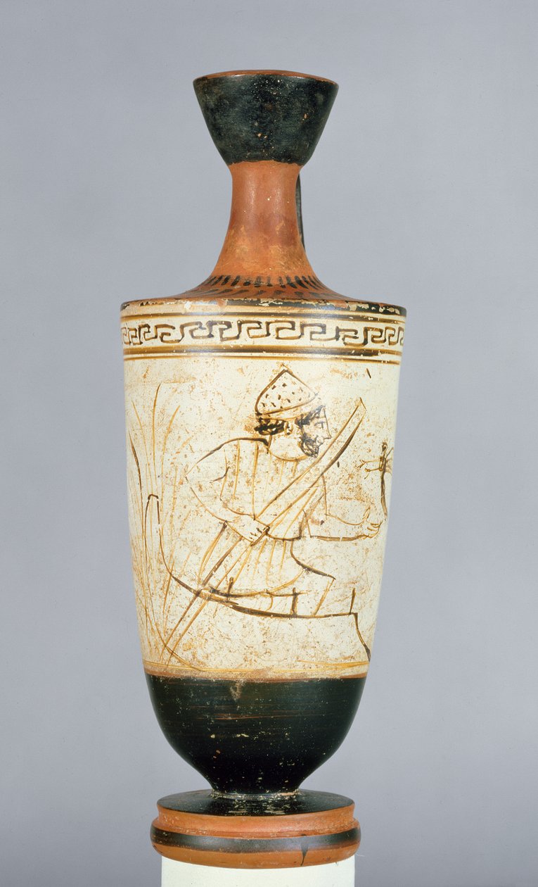 Padlás, fehér alapon készült lekythos, amelyet Charon, az alvilág révésze díszített, aki egy halott lelkét fogadja, Athénból, ie 475-425 (kerámia) alkotó: Tymbos Painter