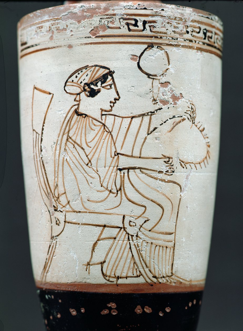 Koszorút font nőt ábrázoló tetőtéri fehér földi lekythos, ie 475-420 körül (kerámia) alkotó: Tymbos Painter