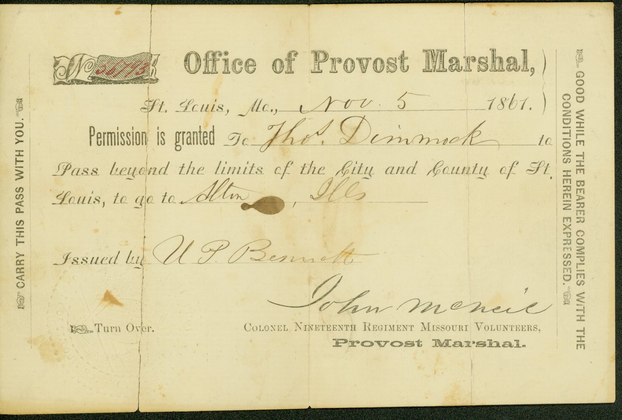 Thomas Dimmock katonai engedélye, U. Bennett, 1861. november 5 alkotó: U. P. Bennett