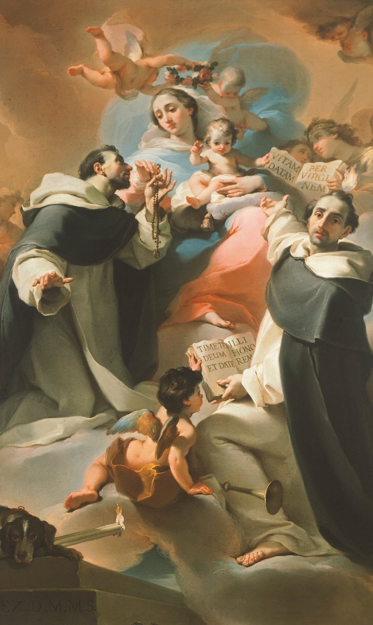Rózsafüzér Szűzanya gyermekével, Szent Domonkossal és Szent Vince Ferrerrel, 1773 körül, Ubaldo Gandolfi (1728-1781) alkotó: Ubaldo Gandolfi