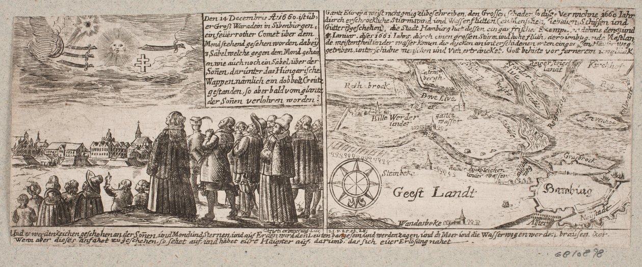Az üstökös, amely Grossvardeinben (Sibenbürgen) jelent meg 1660. december 14-én, valamint egy saját térképe Hamburg közelében az 1661. január 4-i viharhullám idején alkotó: Ubekendt