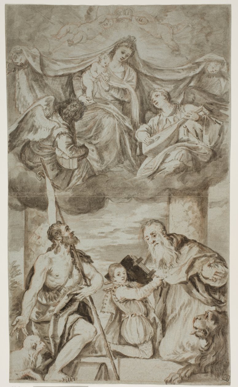A Szűz és a Gyermek angyalok között a felhőkben Keresztelő Szent Jánossal és Jeromossal, Paolo Veronese festménye után, korábban a velencei S. Francesco della Vigna-ban alkotó: Ubekendt Ubekendt