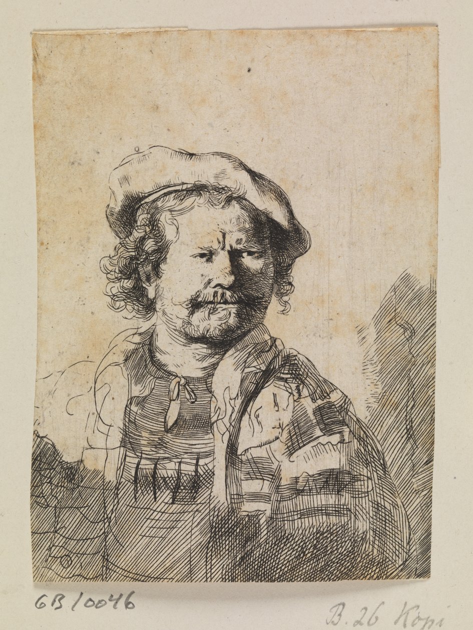 Rembrandt lapos sapkában és hímzett ruhában alkotó: Ubekendt efter Rembrandt