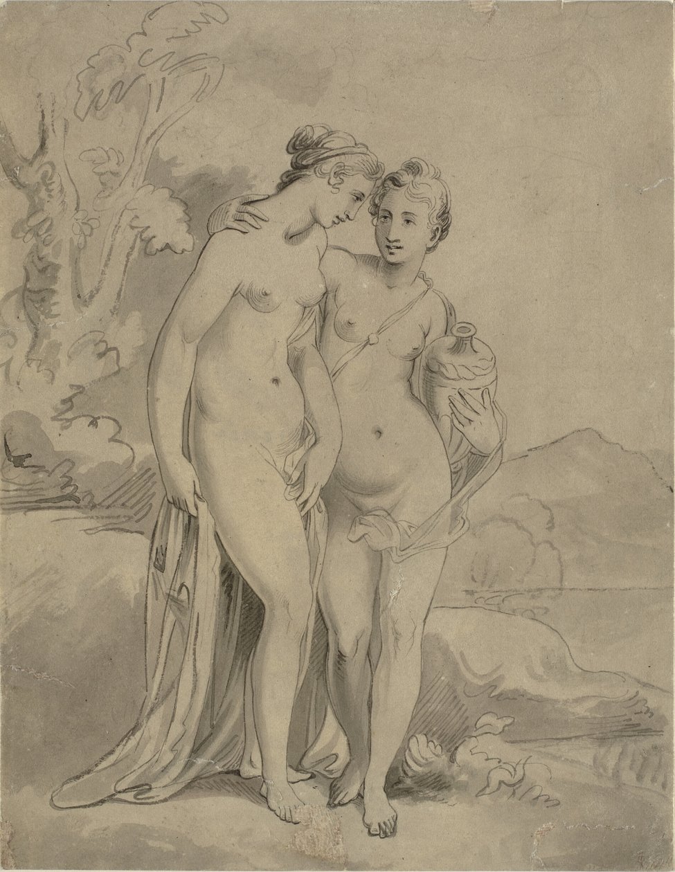 Két nimfa egy tájban alkotó: Ubekendt engelsk kunstner 1820