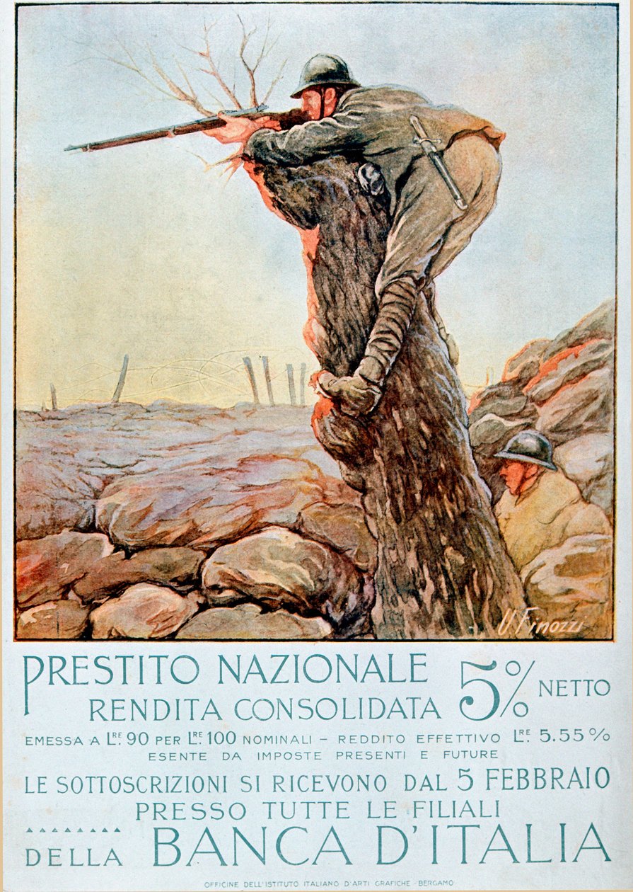 Első világháború: olasz plakát, amely a nemzeti kölcsönzésre buzdít. Ugo Finozzi illusztrációja (20. század). 1914-1918 Figyelem! A mű felhasználása harmadik féltől engedélykéréshez vagy további díjak megfizetéséhez köthető alkotó: Ugo Finozzi