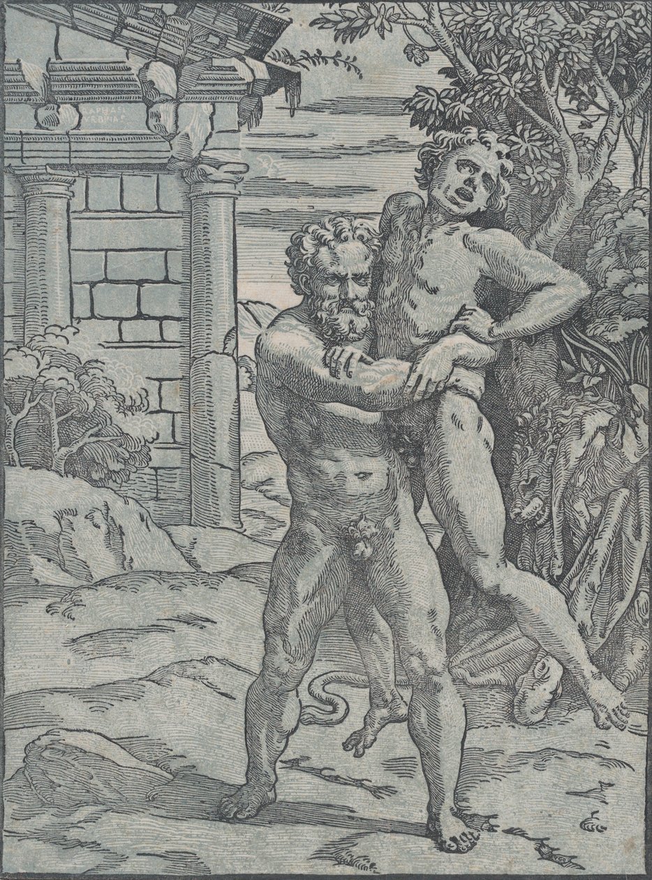 Herkules és Antaeus, kb. 1517-18. alkotó: Ugo da Carpi