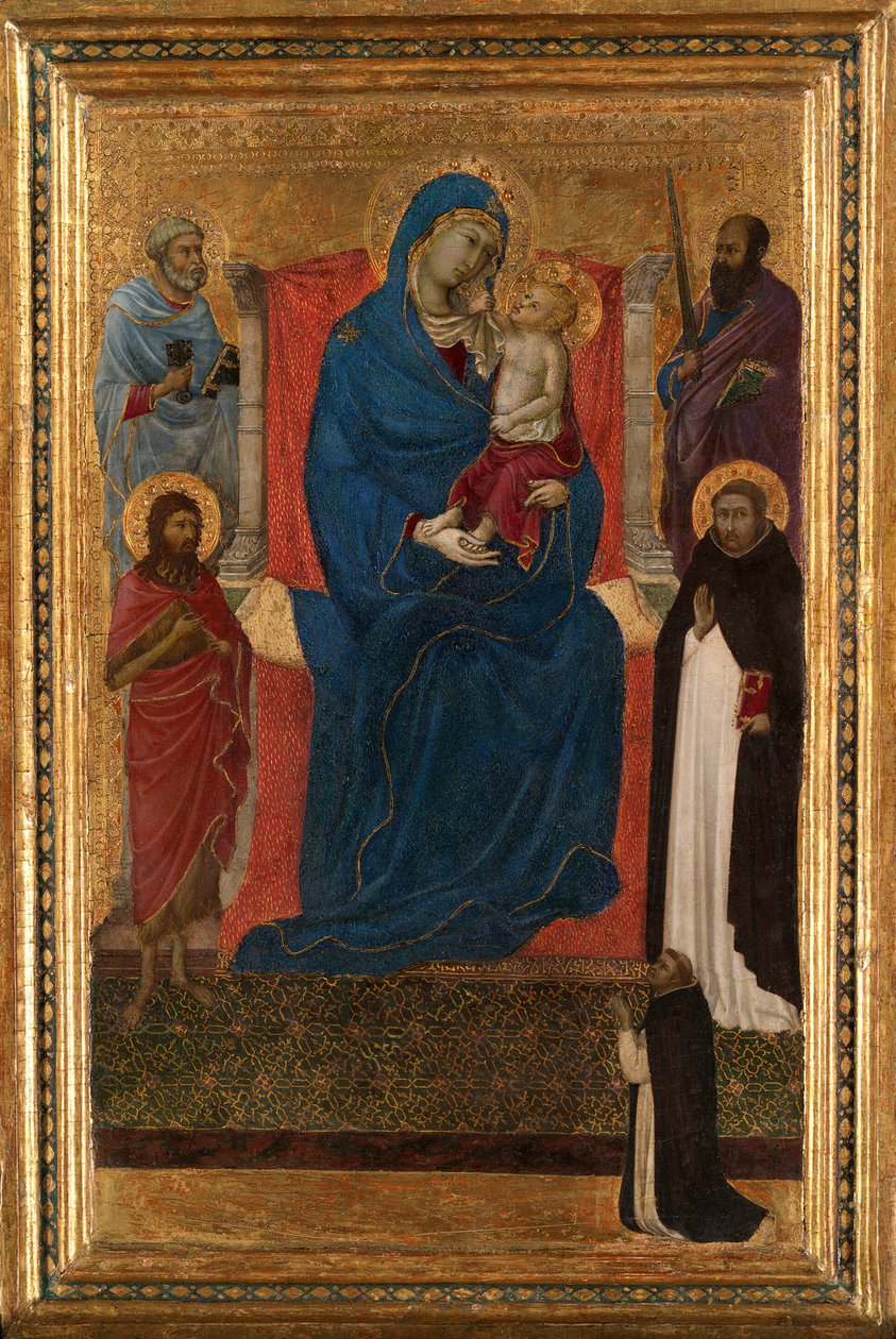 Szűz és gyermek trónol Szent Péterrel, Pállal, Keresztelő Jánossal, Domonkossal és egy domonkossal... alkotó: Ugolino da Siena