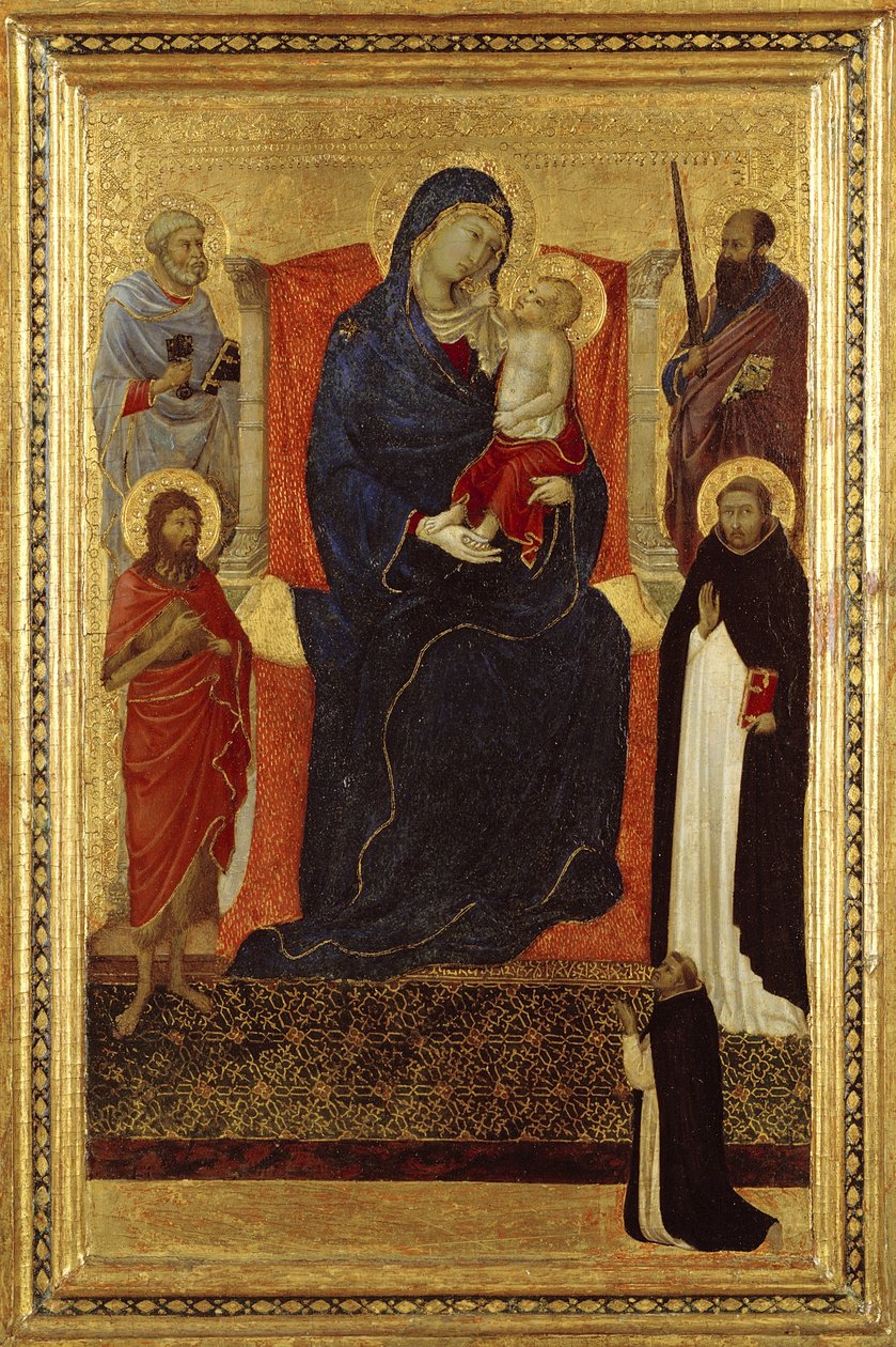 Szűz és gyermek, Szent Péterrel, Pállal, Keresztelő Jánossal, Domonkossal és egy adományozóval trónoló, 1325-35 alkotó: Ugolino di Nerio