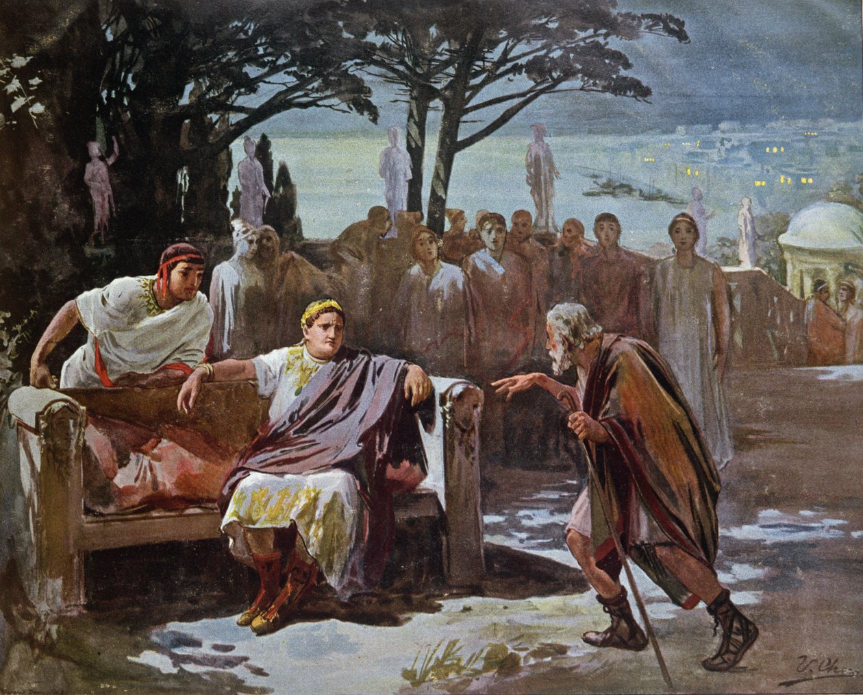 Chilon azzal vádolja a keresztényeket, hogy tüzet gyújtottak Rómában, illusztráció Henryk Sienkiewicz (1846-1916) „Quo Vadis” című művéből, 1910 körül alkotó: Ulpiano Checa y Sanz