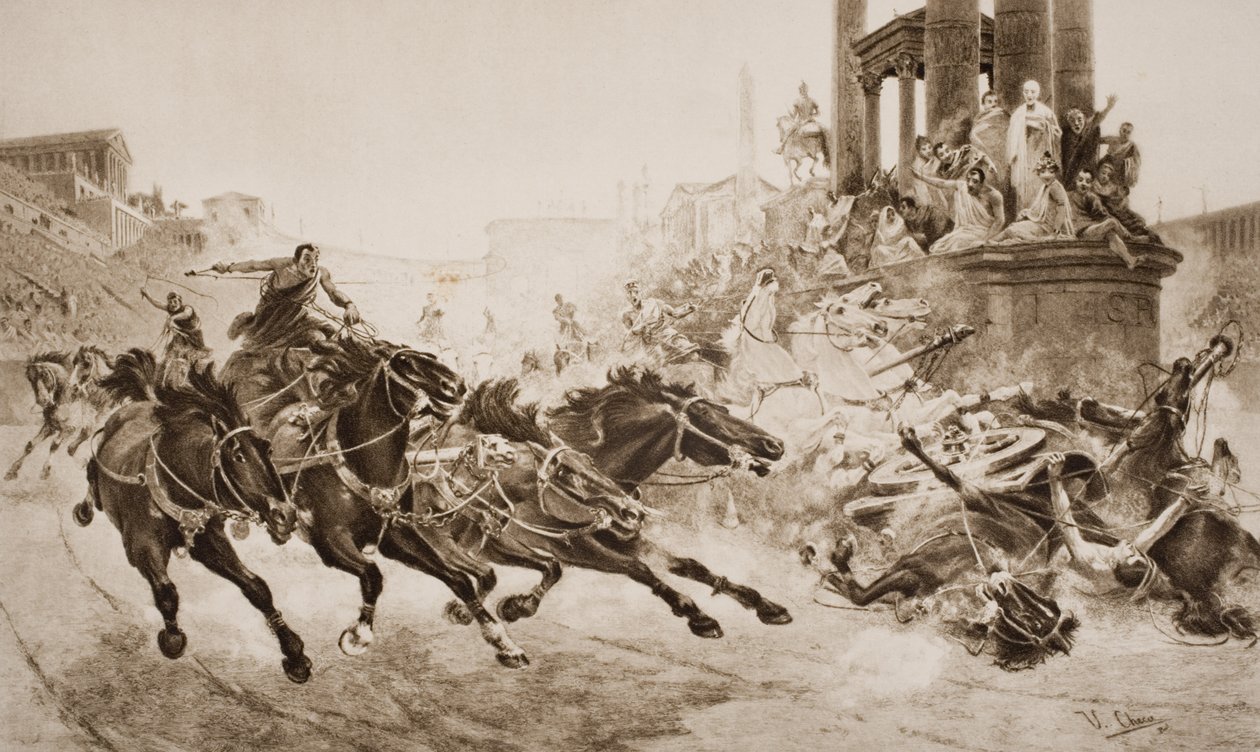 Római szekérverseny, illusztráció H.G. Wells 1920-ban megjelent "A történelem vázlata" című könyvének I. kötetéből. alkotó: Ulpiano Checa y Sanz