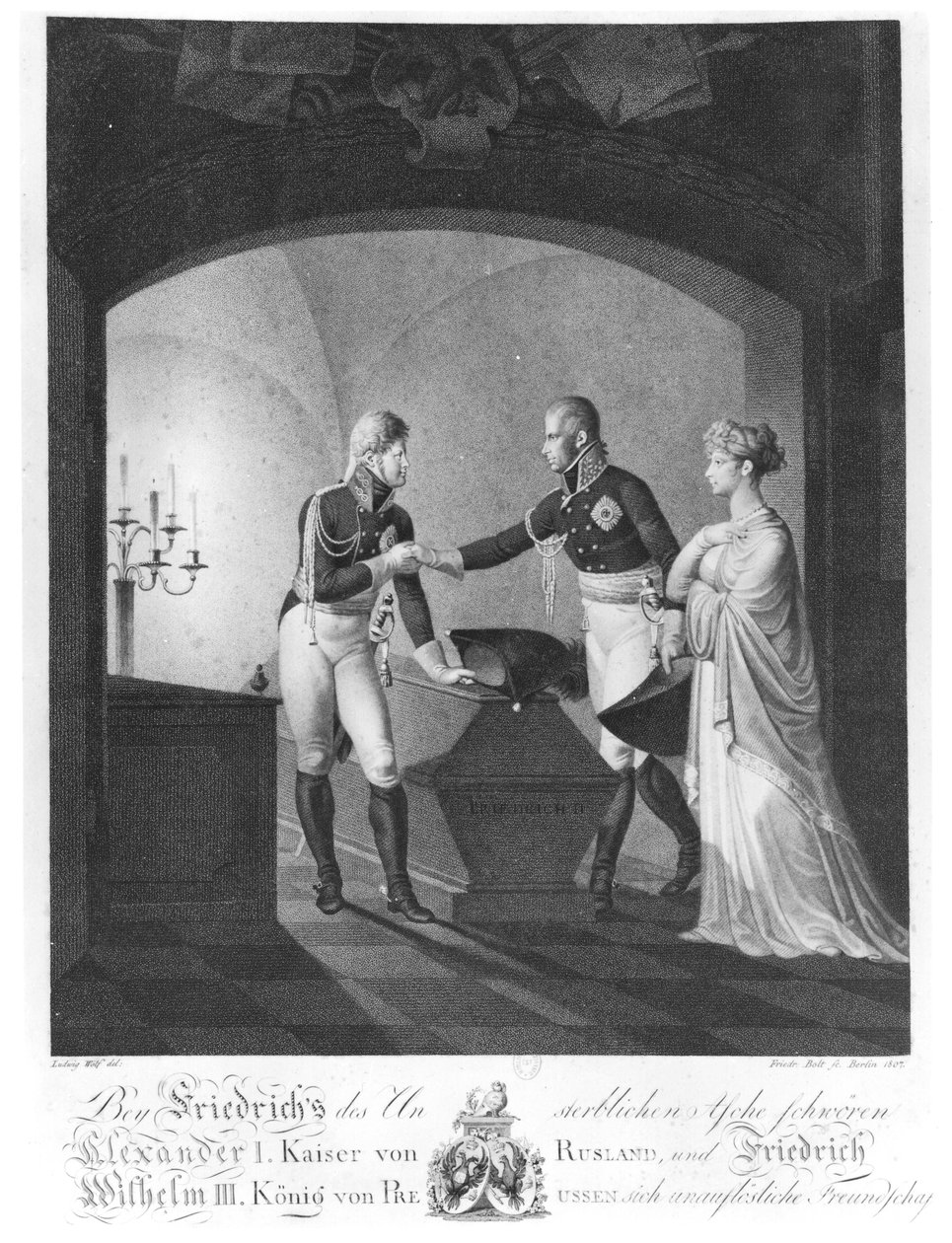 Nagy Frigyes porosz (1712-86), I. Sándor cár (1777-1825) és III. Friedrich Vilmos porosz király (1770-1840) hamvai közelében, akik halhatatlan barátságot esküdtek Potsdamban az éjszakában. alkotó: Ulrich Ludwig Wolf