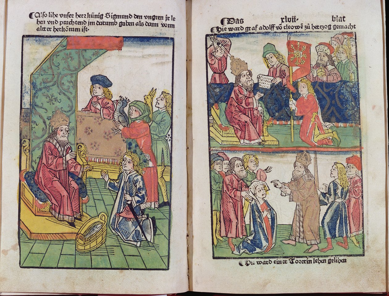 Luxemburgi Zsigmond császár (1367-1437) fogadja magyar alattvalói hódolatát, 1483, (színes fametszet) (lásd még 336923) alkotó: Ulrich von Richental