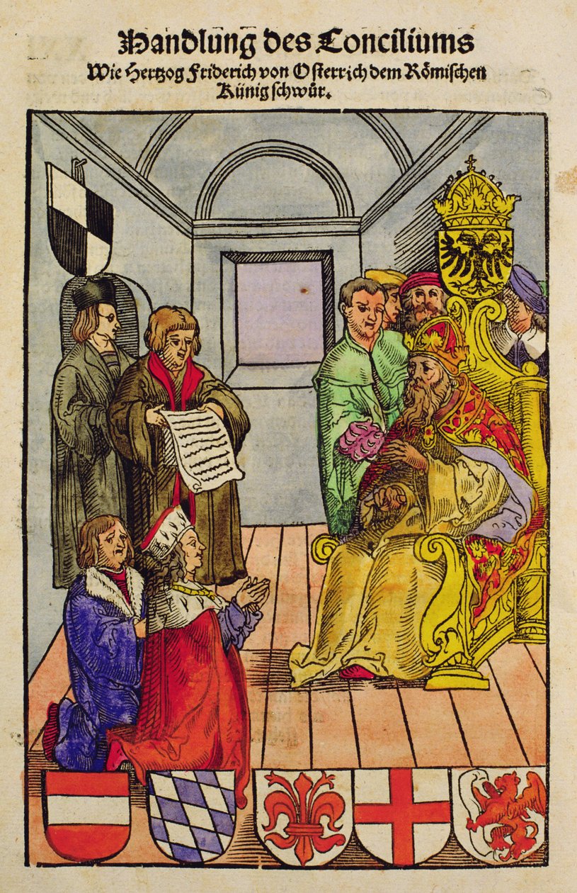 IV. Frigyes, Ausztria hercege a konstanzi zsinaton kinyilvánította hűségét a császárnak, a „Chronik des Konzils von Konstanz” c. alkotó: Ulrich von Richental