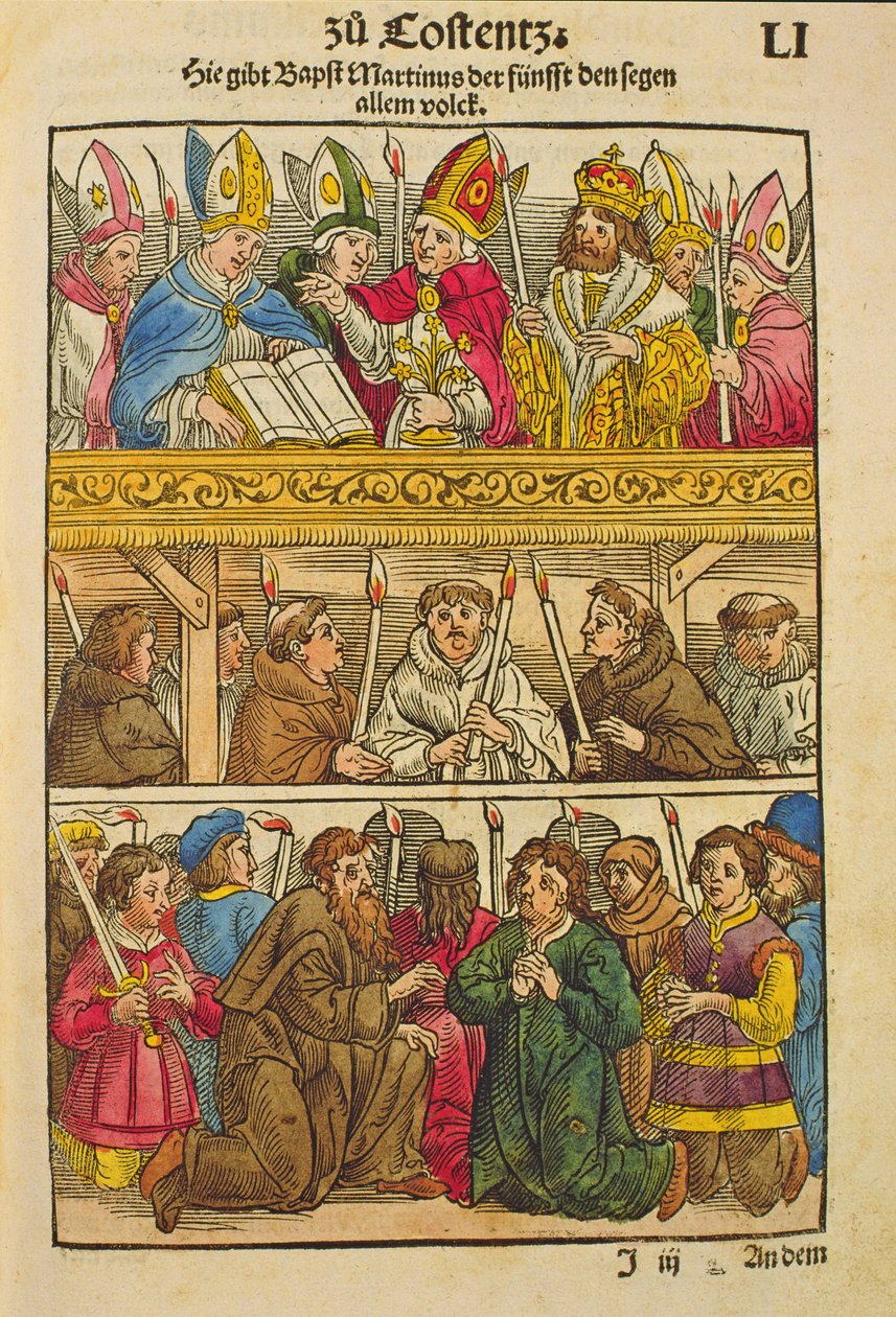 V. Mártont pápává választják, aki megáldja a népet az 1417-es konstanzi zsinaton a Chronik des Konzils von Konstanzból. alkotó: Ulrich von Richental
