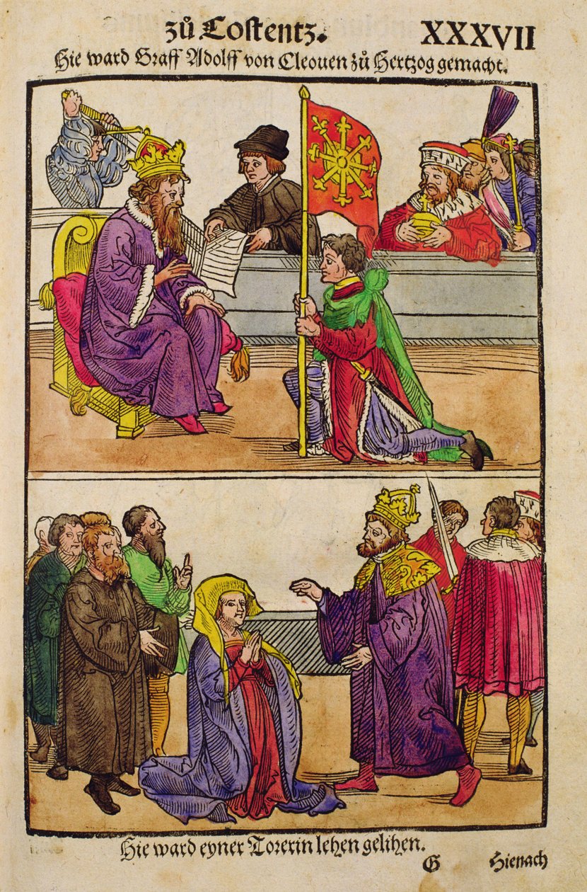 Zsigmond a konstanzi zsinat hercegi rangjává emeli Cleves Adolph grófját a „Chronik des Konzils von Konstanz”-ból. alkotó: Ulrich von Richental