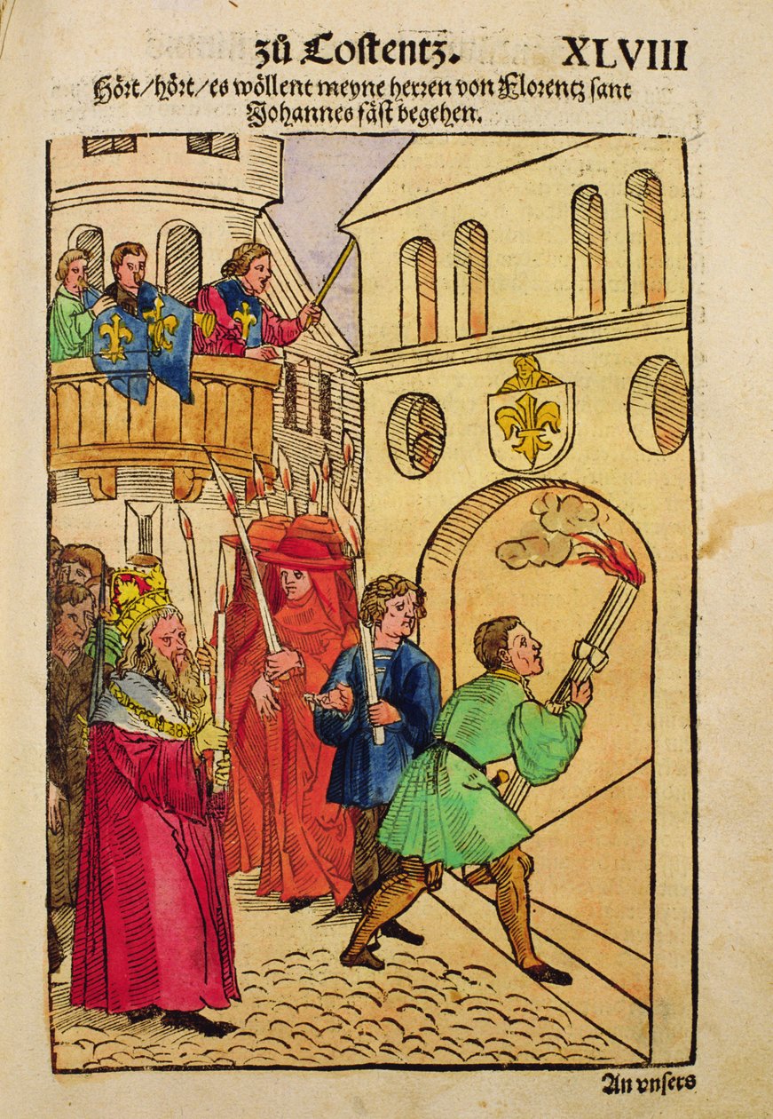 A firenzei küldöttek védőszentjük, Szent János ünnepét ünneplik a konstanzi zsinaton, a Chronik des Konzils von Konstanzból alkotó: Ulrich von Richental