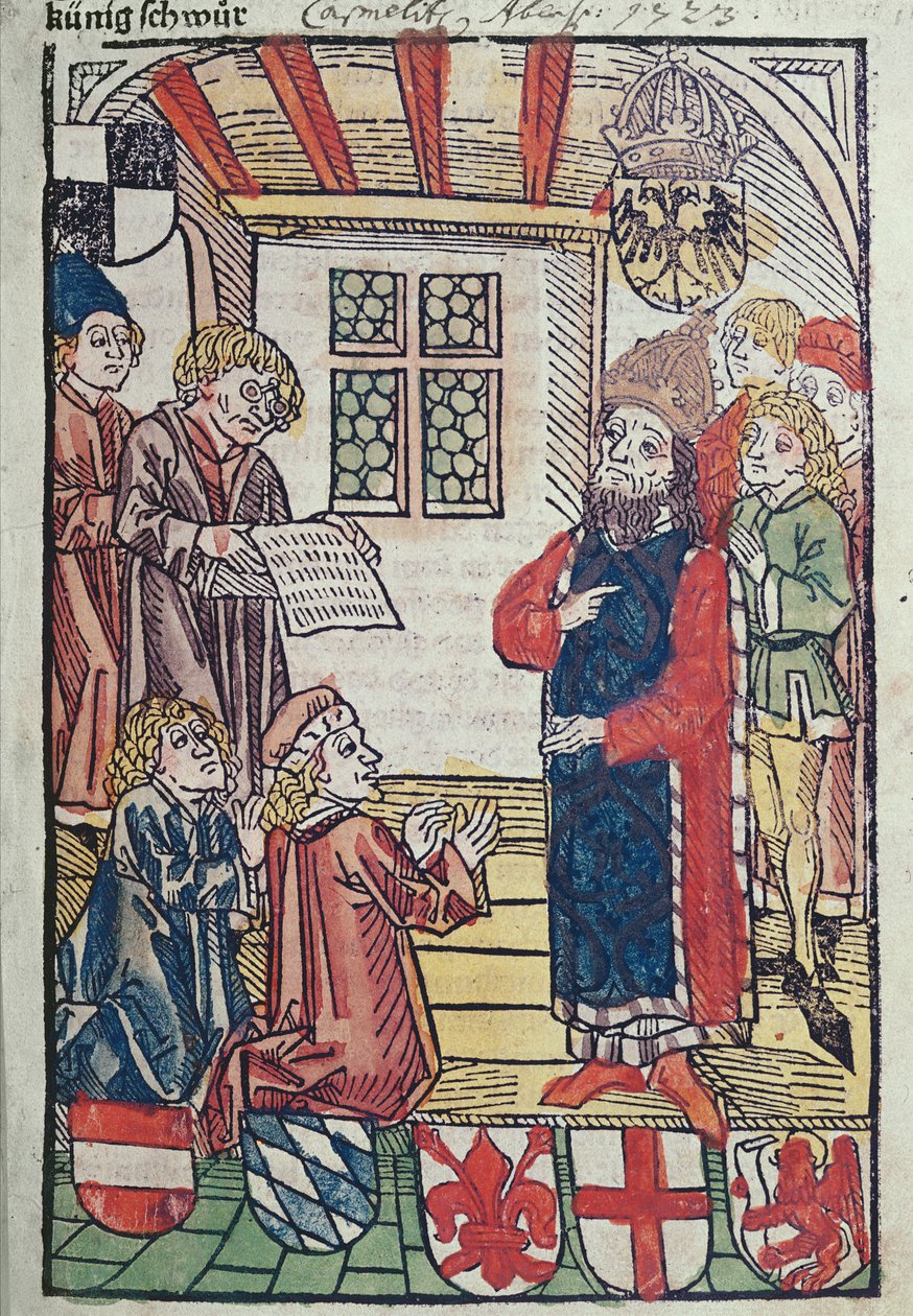 A rómaiak királya, Luxemburgi Zsigmond megkapja Frigyes osztrák herceg tiszteletét, 1483 (színes fametszet) (lásd még: 316982 és 336923) alkotó: Ulrich von Richental