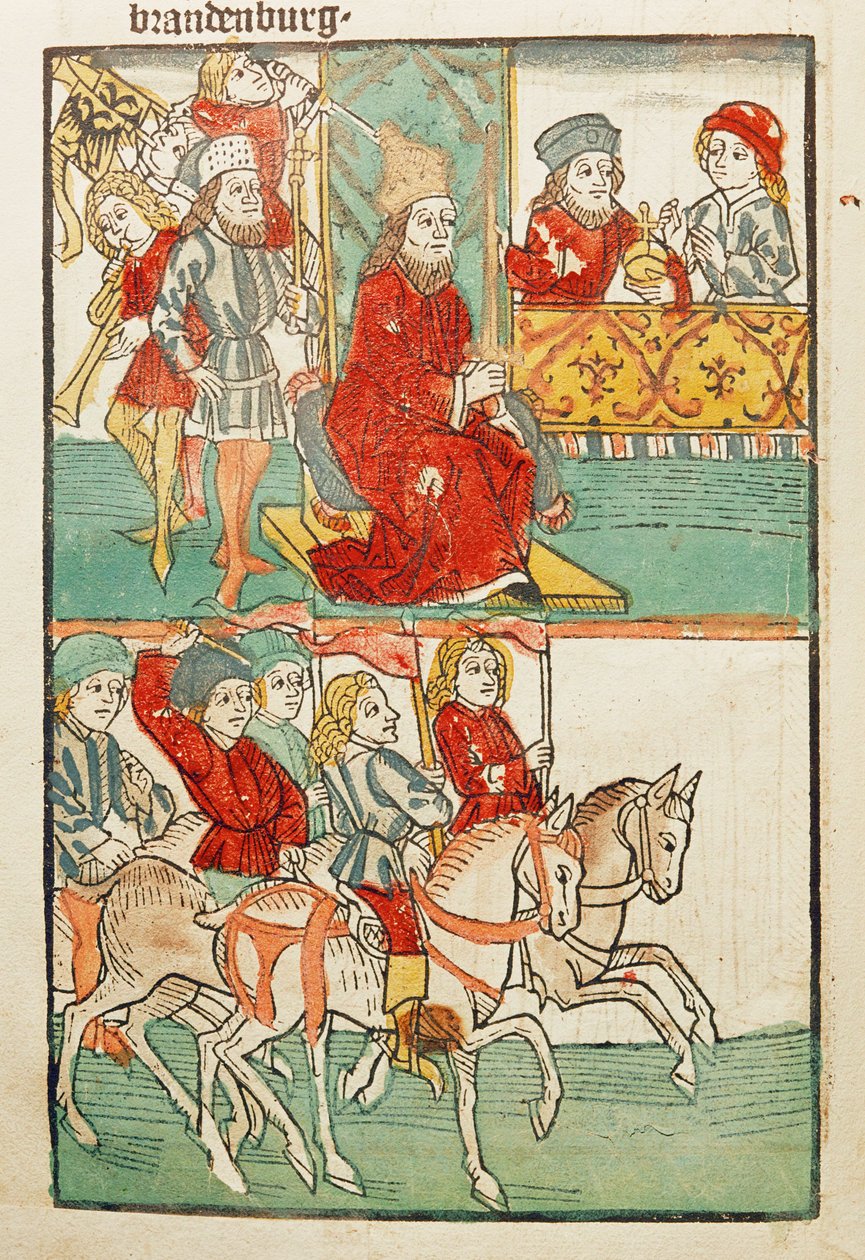 Friedrich von Hohenzollern nürnbergi burggrófnak, Friedrich von Hohenzollernnek a brandenburgi márciussal való meghívása Zsigmond császár által ... alkotó: Ulrich von Richental