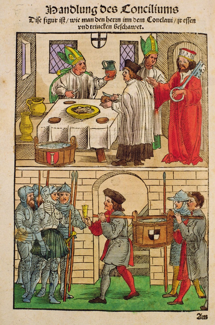 Hogyan osztották szét a kenyeret és a bort az emberek között a konstanzi zsinat idején, a „Chronik des Konzils von Konstanz”-ból alkotó: Ulrich von Richental