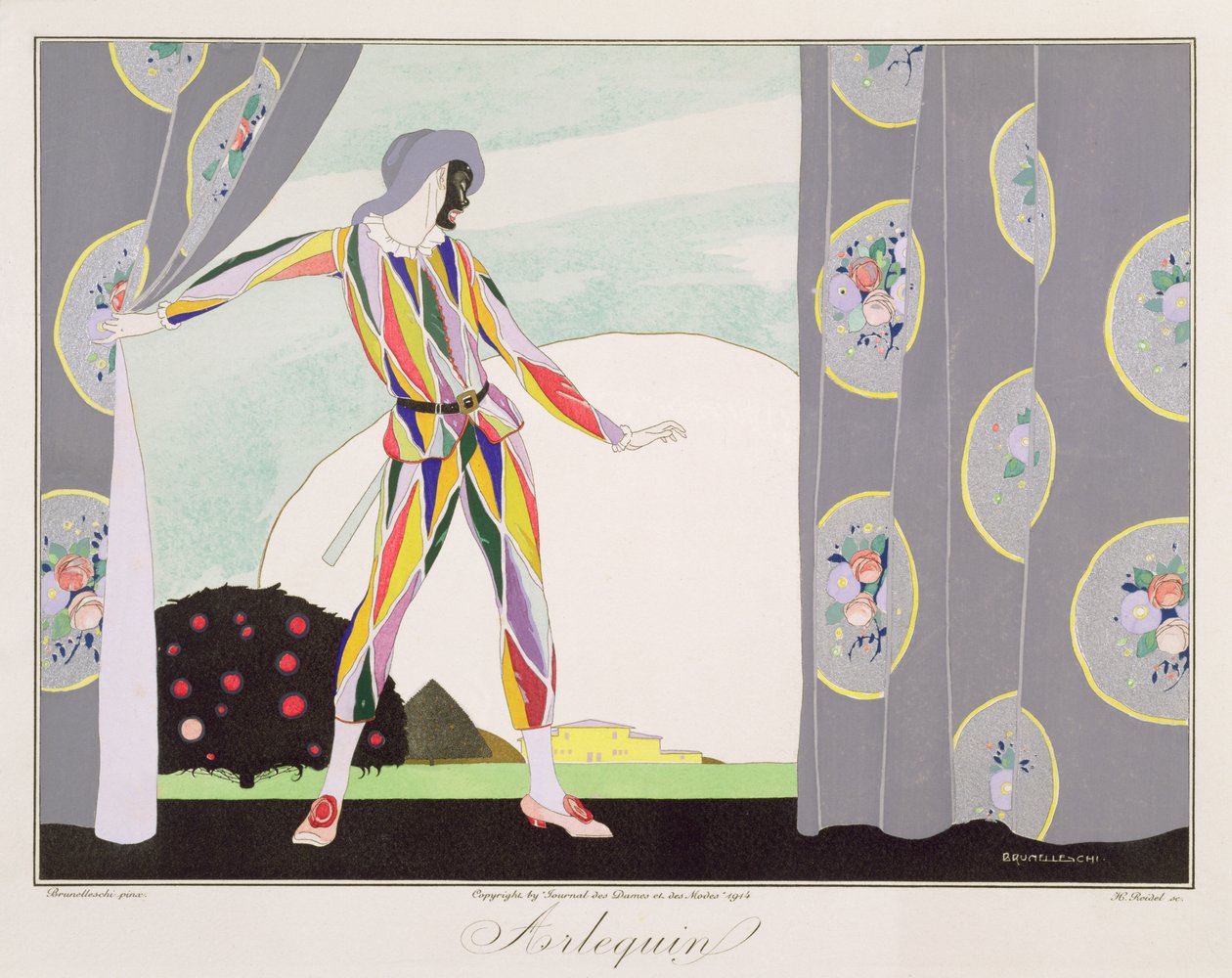 Arlequin, a Le Journal des Dames et des Modes "Maszkok és karakterek az olasz színház" kiadásából, metszett Henri Reidel (fl. 1914-20) 1914 (színes litó) alkotó: Umberto (after) Brunelleschi