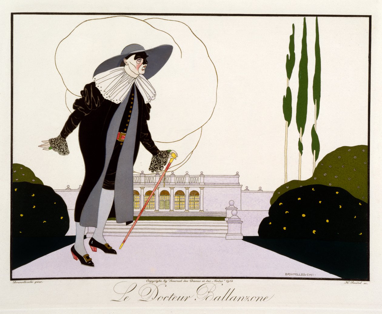 Doktor Ballanzone, a Le Journal des Dames et des Modes "Maszkok és karakterek az olasz színházból" kiadásából, metszett Henri Reidel (fl.1914-20) 1914 (színes litó) alkotó: Umberto (after) Brunelleschi