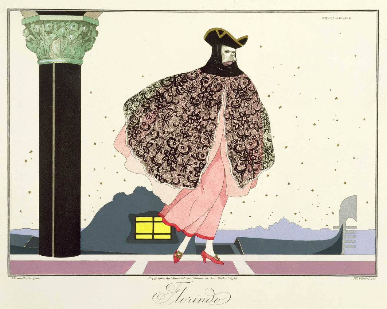 Florindo, a Le Journal des Dames et des Modes "Maszkok és karakterek az olasz színház" kiadásából, metszett Henri Reidel (fl1914-20) 1914 (színes litó) alkotó: Umberto (after) Brunelleschi