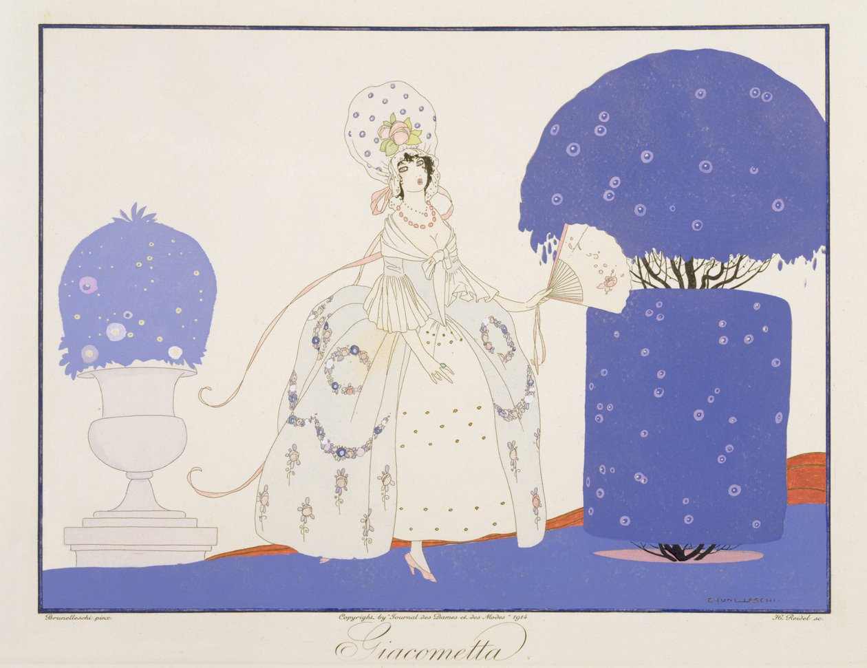 Giacometta, a Le Journal des Dames et des Modes "Maszkok és karakterek az olasz színház" kiadásából, metszett Henri Reidel (fl.1914-20) 1914 (színes litó) alkotó: Umberto (after) Brunelleschi