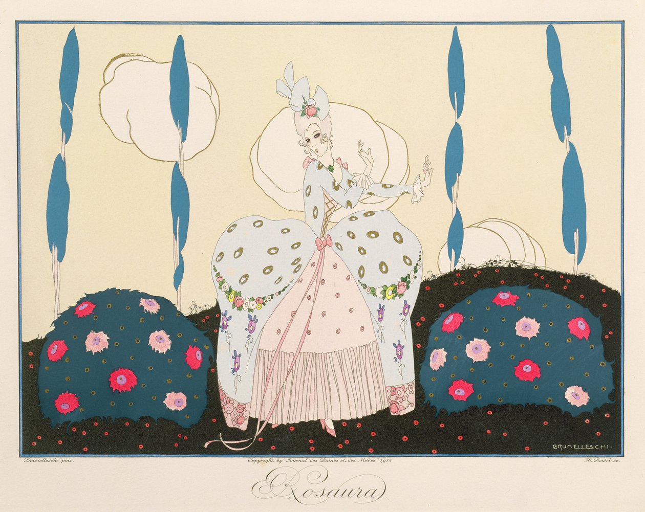 Rosaura, a Le Journal des Dames et des Modes "Maszkok és karakterek az olasz színház" kiadásából, metszett Henri Reidel (fl. 1914-20) 1914 (színes litó) alkotó: Umberto (after) Brunelleschi