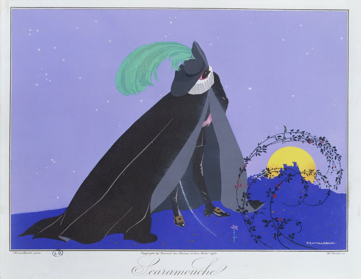 Scaramouche, a "Le Journal des Dames et des Modes" "Maszkok és karakterek az olasz színház" kiadásából, metszett Henri Reidel (fl.1914-20) 1914 (színes litó) alkotó: Umberto (after) Brunelleschi