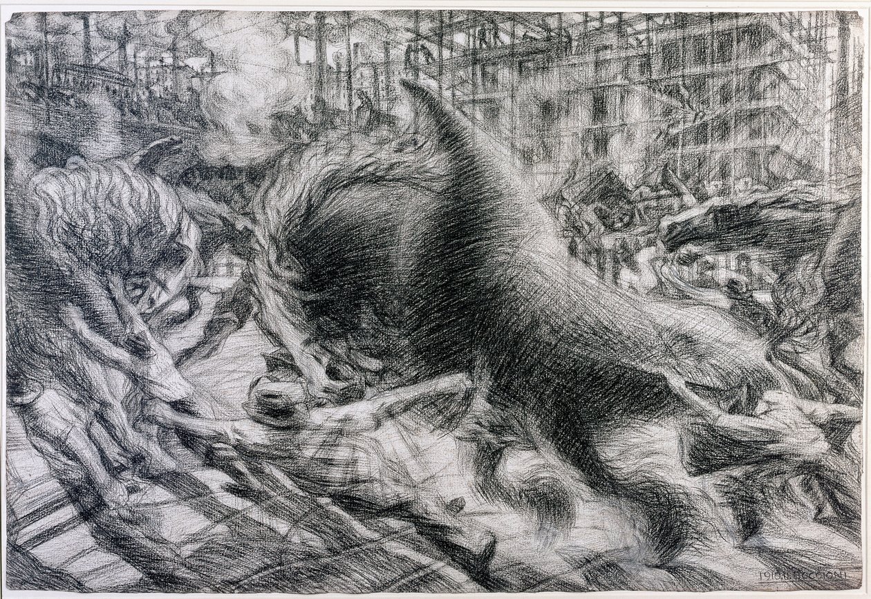 Futurizmus: "" La città che dirty "" (A felszálló város). Umberto Boccioni (1882-1916) rajza kartonra alkotó: Umberto Boccioni