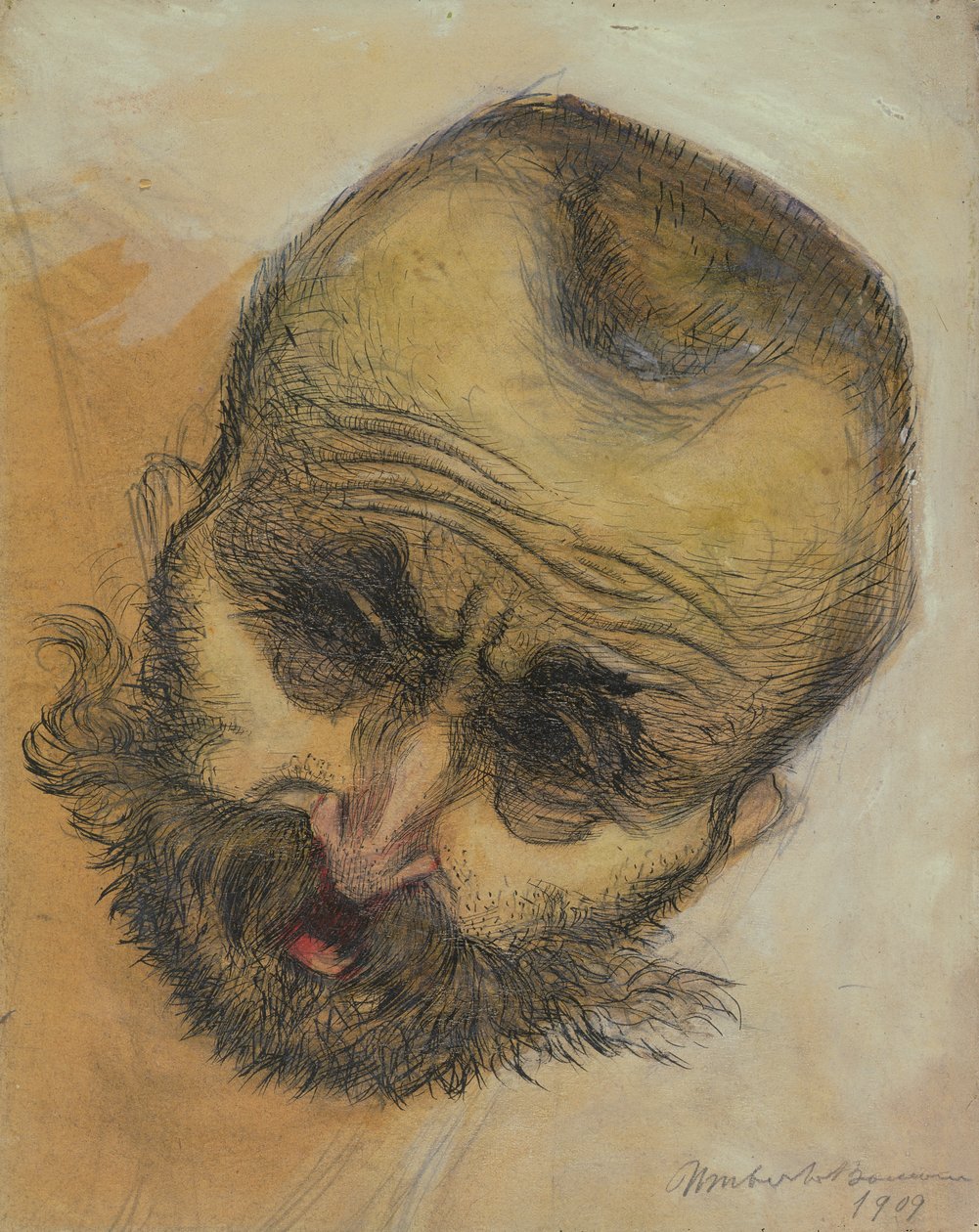 Fejtanulmány, 1909 (toll- és tintamosás) alkotó: Umberto Boccioni