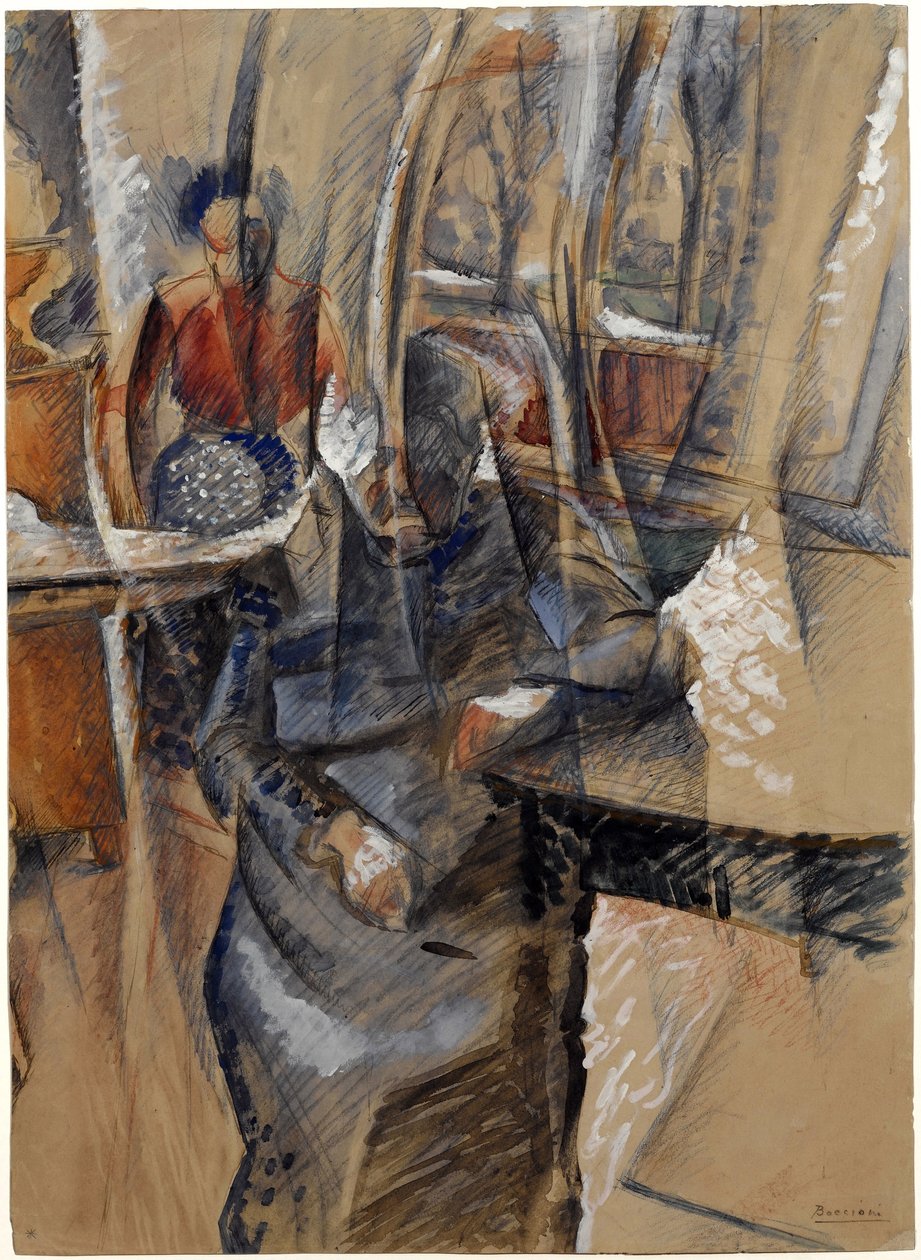 Belső térben két női alak, Boccioni, Umberto (1882-1916). Akvarell és tempera papíron, méret: 65,4x47,5 alkotó: Umberto Boccioni